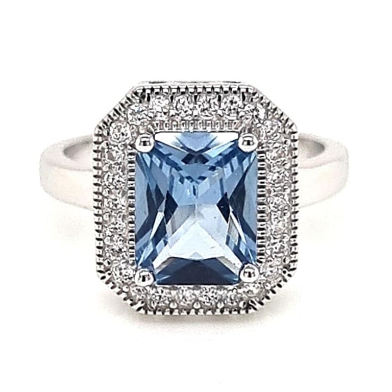 Anillo Rectangular Agua Marina Riel Plata 925 Celeste 12
