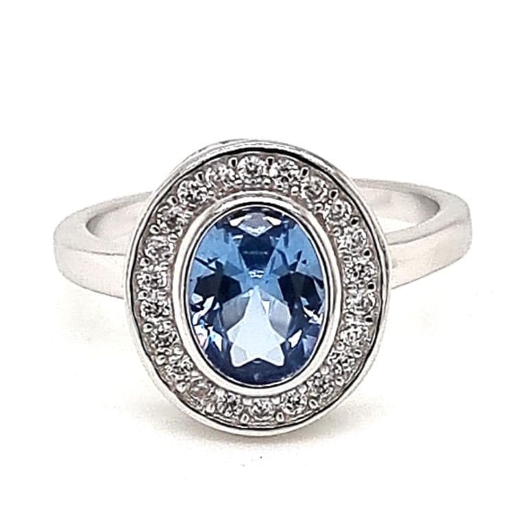 Anillo Ovalado Agua Marina Riel Plata 925 Celeste 16