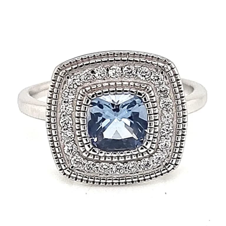 Anillo Halo Cuadrado Agua Marina Plata 925 Celeste 10