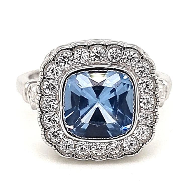 Anillo Art-Deco Vintage Agua Marina Cuadrado Plata 925 Celeste 10