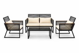 Set Exterior Negro 4 Piezas con Sofa, Sillas y Mesa Vidrio