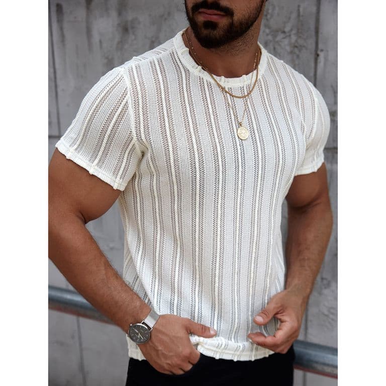 Polera Hombre Manga Corta Tejida Cuello Redondo Casual 0275 Crema S