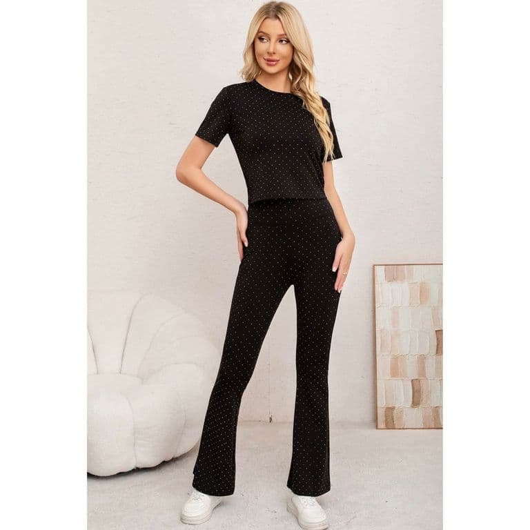 Conjunto Mujer 2 Piezas Polera Y Calza Full Brillos Tendencia 7037 Negro S/M