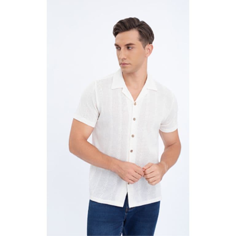 Camisa Hombre Tejida Hilo Texturizada Fit Verano Fashion Calidad 0174 Crema XL