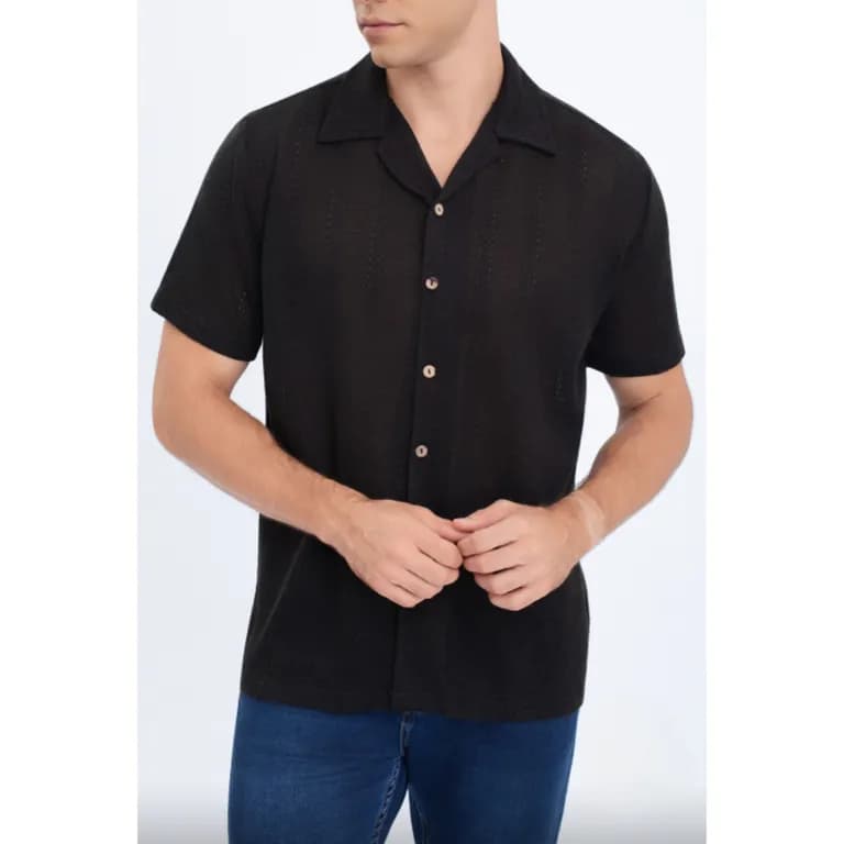 Camisa Hombre Tejida Hilo Texturizada Fit Verano Fashion Calidad 0174 Negro XL