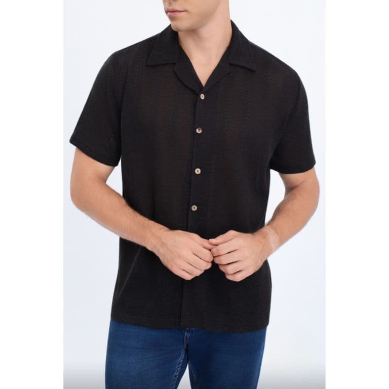 Camisa Hombre Tejida Hilo Texturizada Fit Verano Fashion Calidad 0174 Negro S