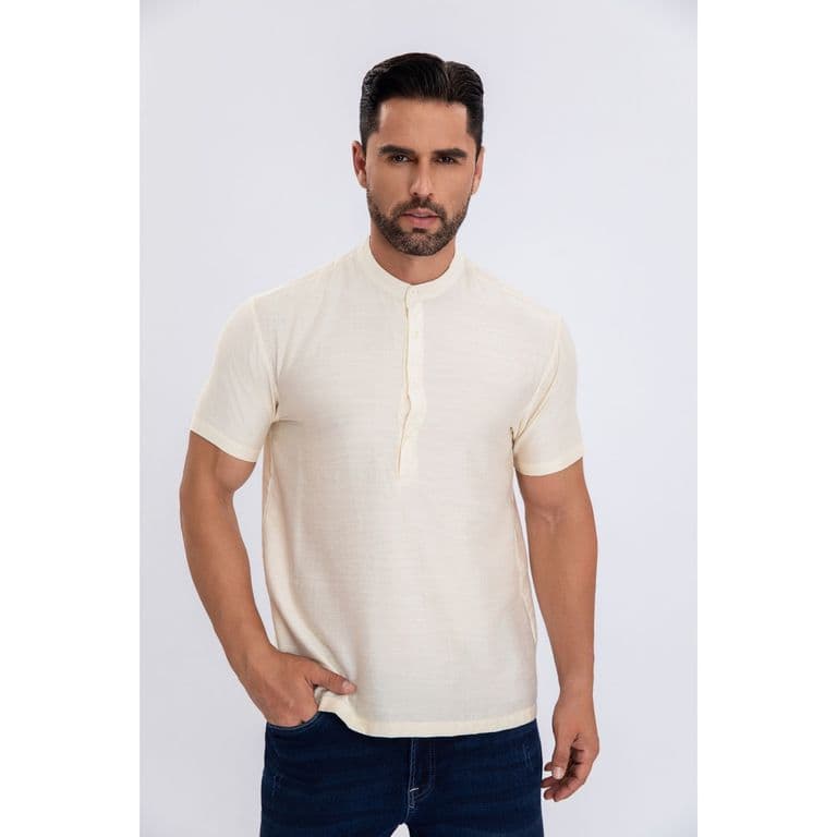 Camisa Polera Verano Manga Corta Hombre Cuello Mao Fashion 152 Crema XL