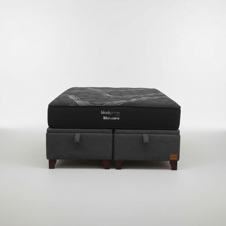 Cama Baul King L200 cm + Colchon Black Prime - Modelo Uno / Con Patas De Madera 11 cm