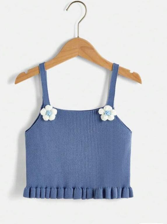 Top Nina de Punto Azul Sin Mangas con Flores y Vuelo Azul 4 ANOS
