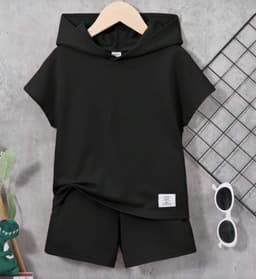 Conjunto Infantil Nino 2 Piezas Polera con Capucha y Short Deportivo Negro 5 ANOS