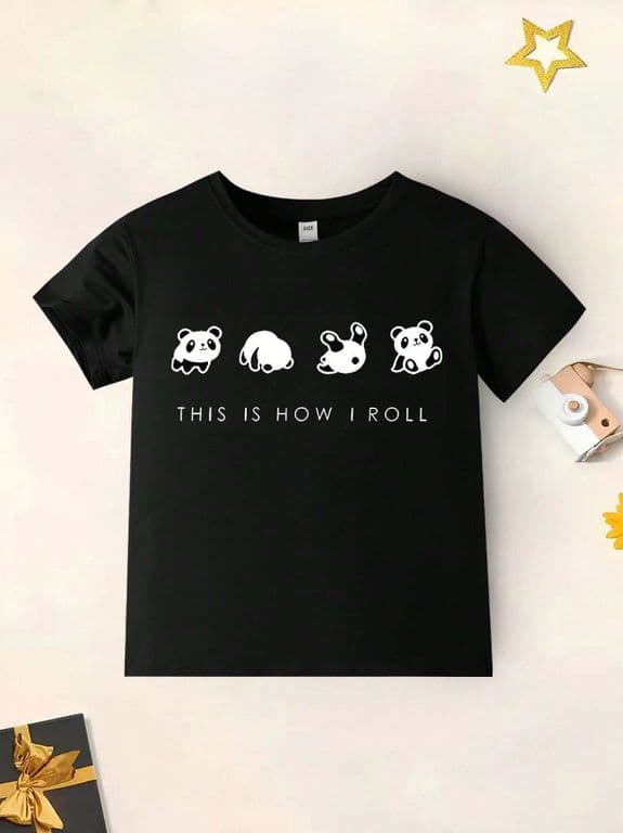 Camiseta Infantil This Is How I Roll Negra con Diseno de Pandas Negro 7 ANOS