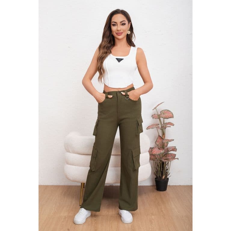 Pantalon Mujer Cargo Recto Ancho Full Elasticado Primavera Verano 2009 Verde S/M