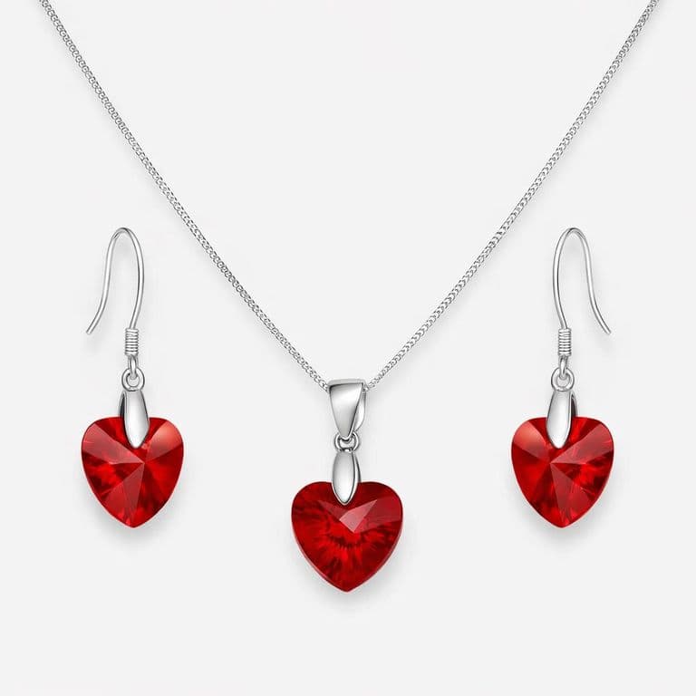 Conjunto Collar y Aros Corazon Cristal Austriaco Rojo Plata 925 Plateado TALLA UNICA