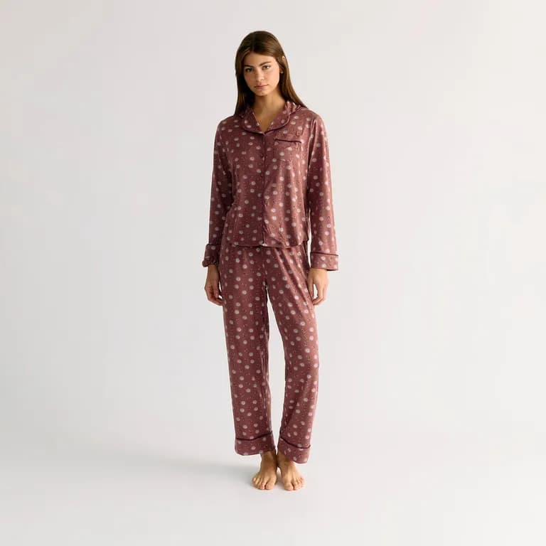 Set Pijama Mujer Soles Y Lunas Burdeos XS
