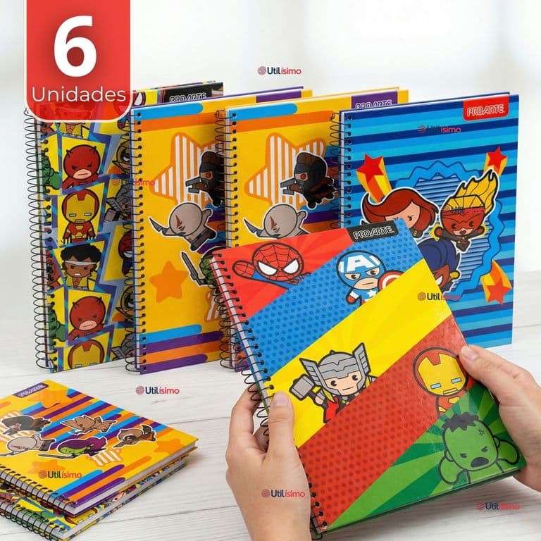 Pack 6 Cuadernos Universitario Marvel Heroes Kawaii 150 Hojas Tapa Gruesa Disenos Surtidos