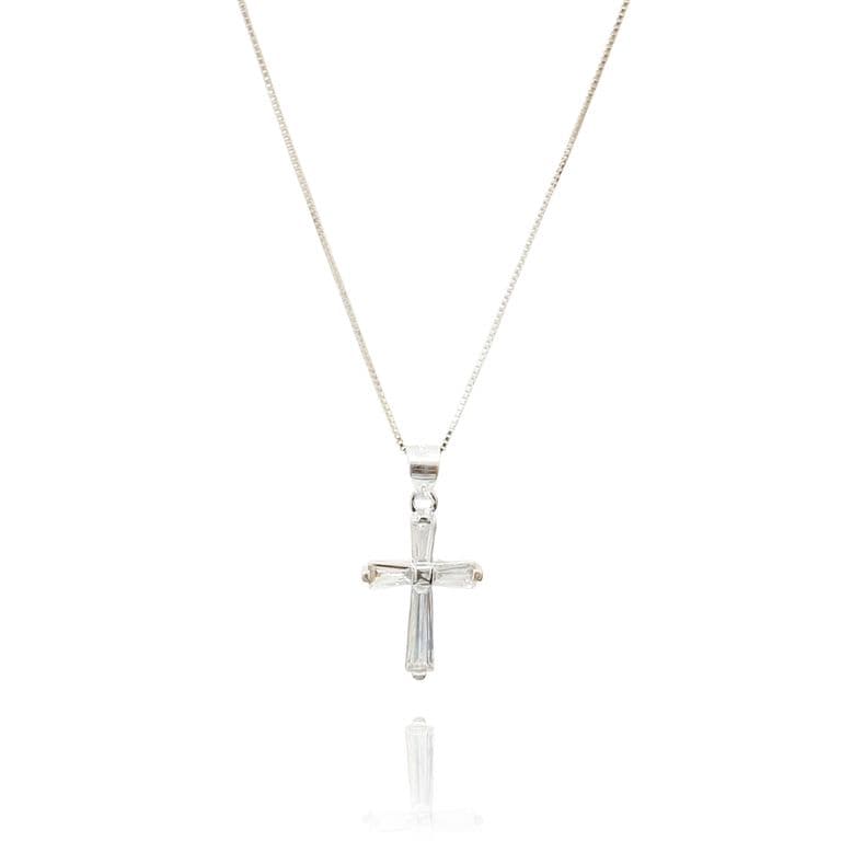 Collar Cruz Circon Blanco Borde Plata Fina 925 Plateado TALLA UNICA