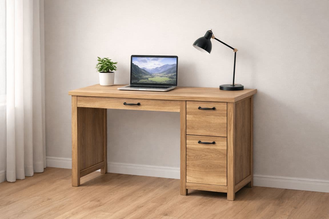 Escritorio Madera Natural 110 cm con Cajones y Almacenamiento