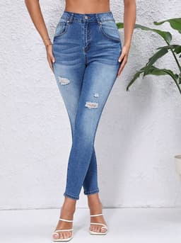 Jeans Skinny Azul Lavado Claro con Desgastes Azul 38