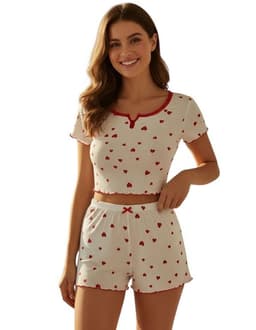Pijama De Mujer 2 Piezas Comodo Liviano Corazones Rojo M