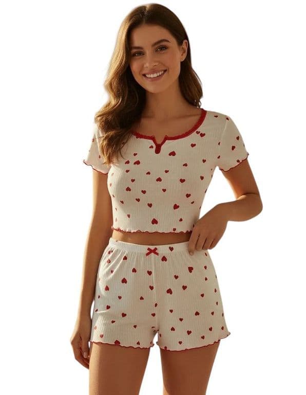 Pijama De Mujer 2 Piezas Comodo Liviano Corazones Rojo M