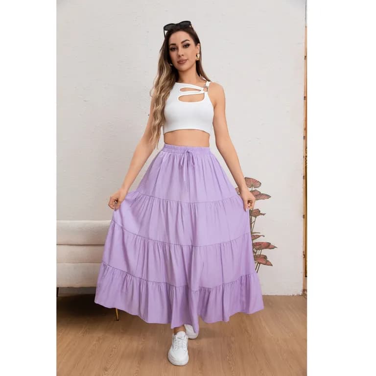 Falda Larga Mujer Algodon Tiro Alto con Vuelos y Pretina Elasticada 0116 Lila L/XL