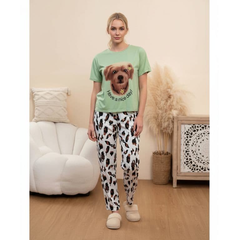 Conjunto 3 piezas Pijama Mujer Verano Short Pantalon Polera Manga Corta 100 Verde XL/2XL