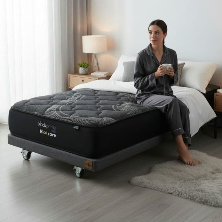 Cama 1.5 Plaza Box 8 cm - L190 cm + Colchon Black Prime - Modelo Uno / Con Rueda Deluxe (Gris)