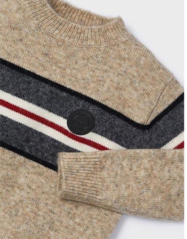 Chaleco rayas decorativas, tejido grueso, manga larga, cuello redondo, puno elasticado. Beige 2 ANOS