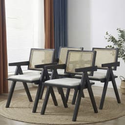 Pack 4 Sillas Comedor Chandigarh Con Cojin De Lino Madera Negra Negro