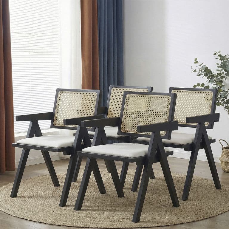 Pack 4 Sillas Comedor Chandigarh Con Cojin De Lino Madera Negra Negro
