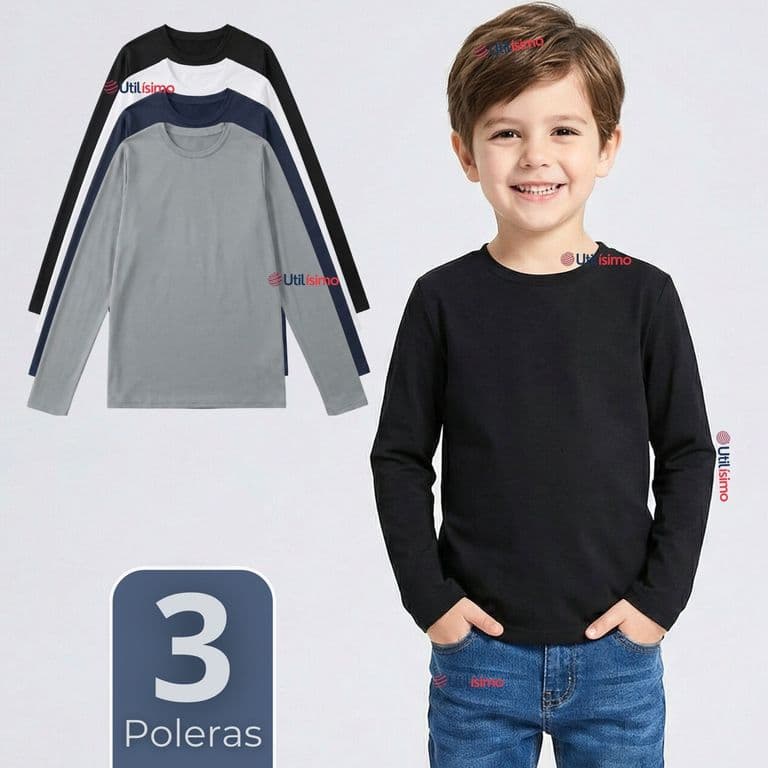 Pack 3 Poleras Camisetas Polar Primera Capa Cuello Redondo Manga Larga Colores Surtido Nino Multicolor 5-6 ANOS