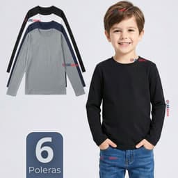 Pack 6 Poleras Camisetas Polar Primera Capa Cuello Redondo Manga Larga Colores Surtido Nino Multicolor 5-6 ANOS