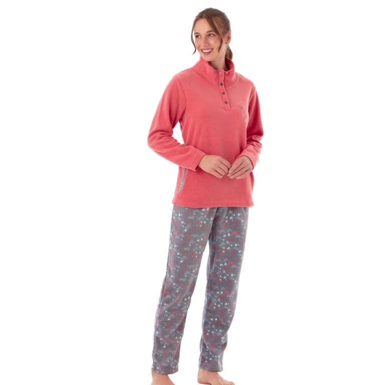 COD 1785 PIJAMA POLAR CON CUELLO, PANTALON ESTAMPADO Coral S