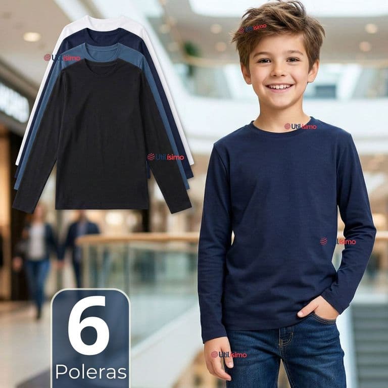 Pack 6 Poleras Camisetas Bambu Cuello Redondo Primera Capa Manga Larga Colores Surtido Nino Multicolor 5-6 ANOS