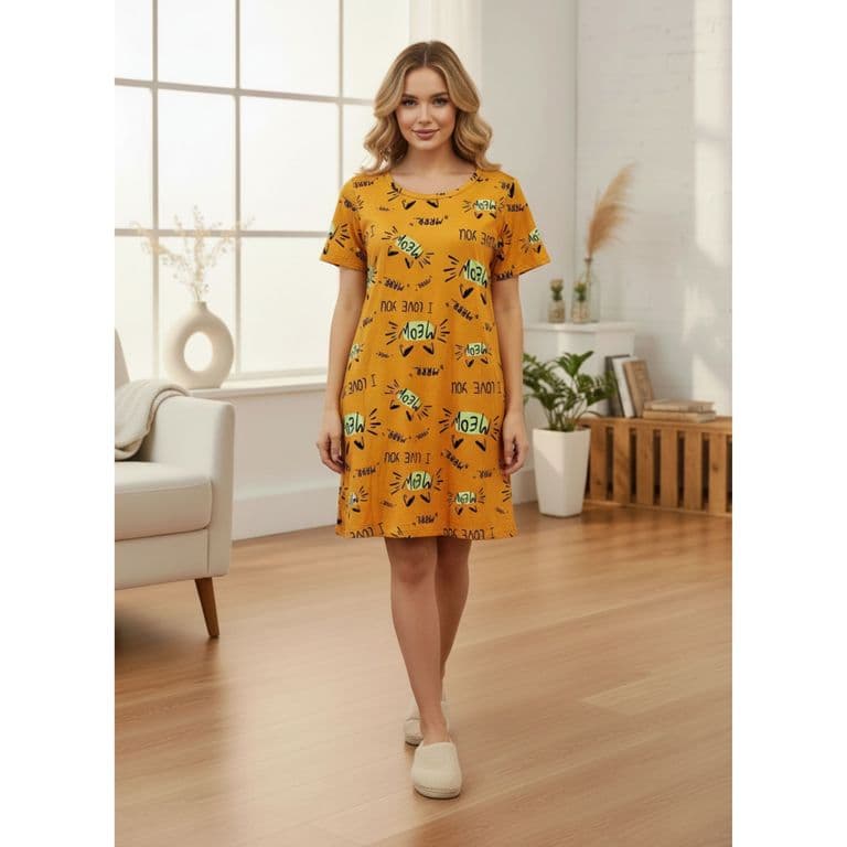 Pack 2 Camisa De Dormir Mujer Juvenil Verano Manga Corta Gatito A783 Mostaza 12-14