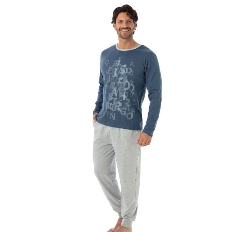 COD 3041 PIJAMA ALGODON ESTAMPADO POLERA LETRAS, MANGA LARGA Azul M