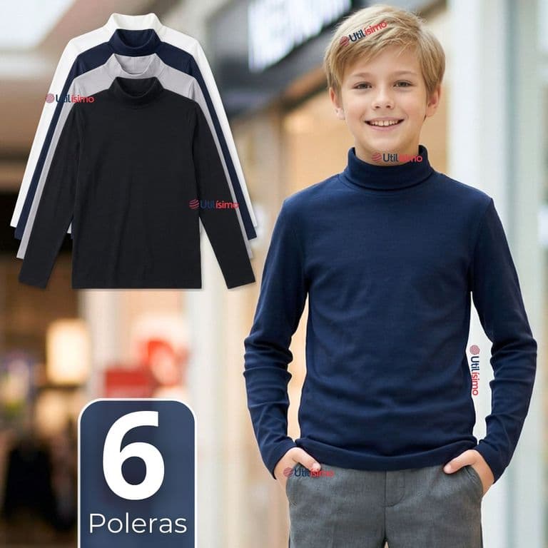Pack 6 Poleras Camisetas Polar Primera Capa Beatle Manga Larga Colores Surtido Nino Multicolor 5-6 ANOS