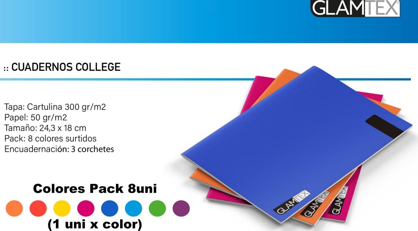 Cuaderno Glamtex College 100h Croquis Liso Colors 8u