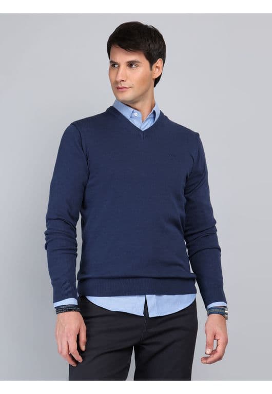 Sweater Cuello V Regular Fit Azul Azul S