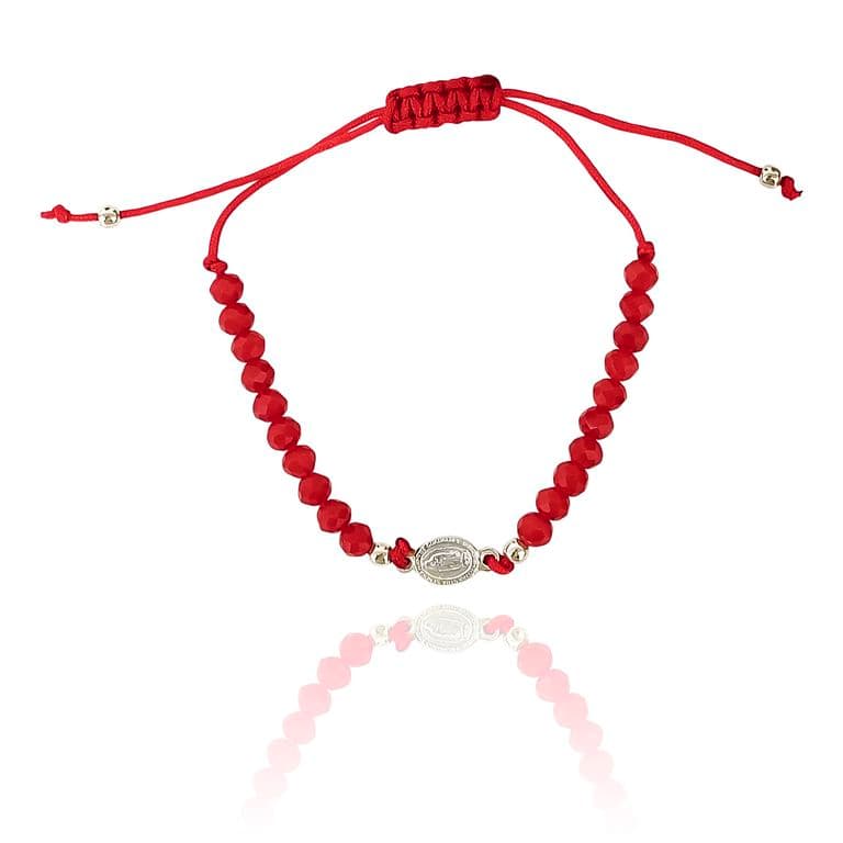Pulsera Medalla Virgen De Guadalupe Plata Fina 925 Cristal Cordon Rojo Rojo TALLA UNICA