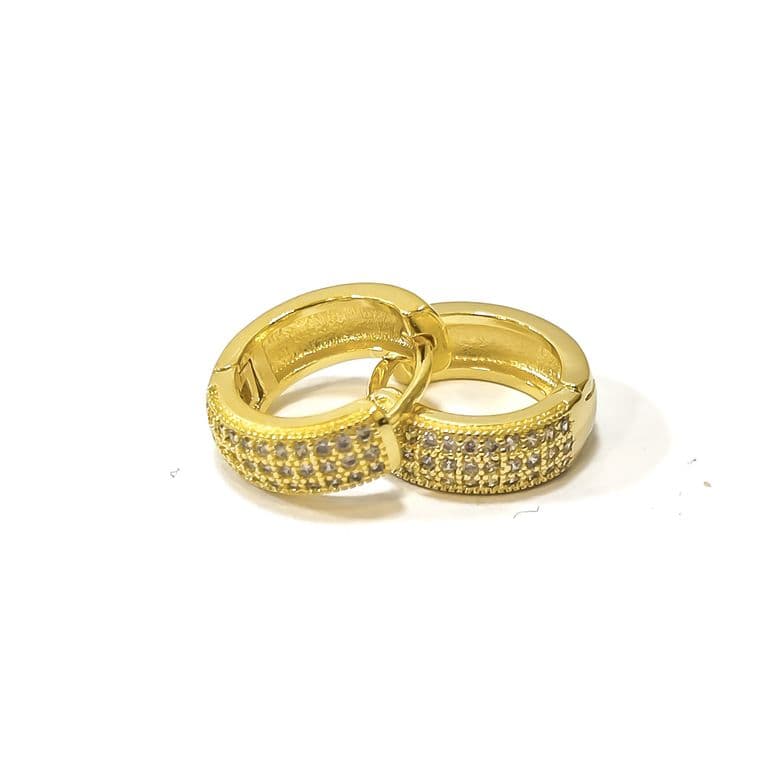 Aros Argolla 3 lineas Circon Blanco 13mm Enchapado Oro 18K Dorado TALLA UNICA