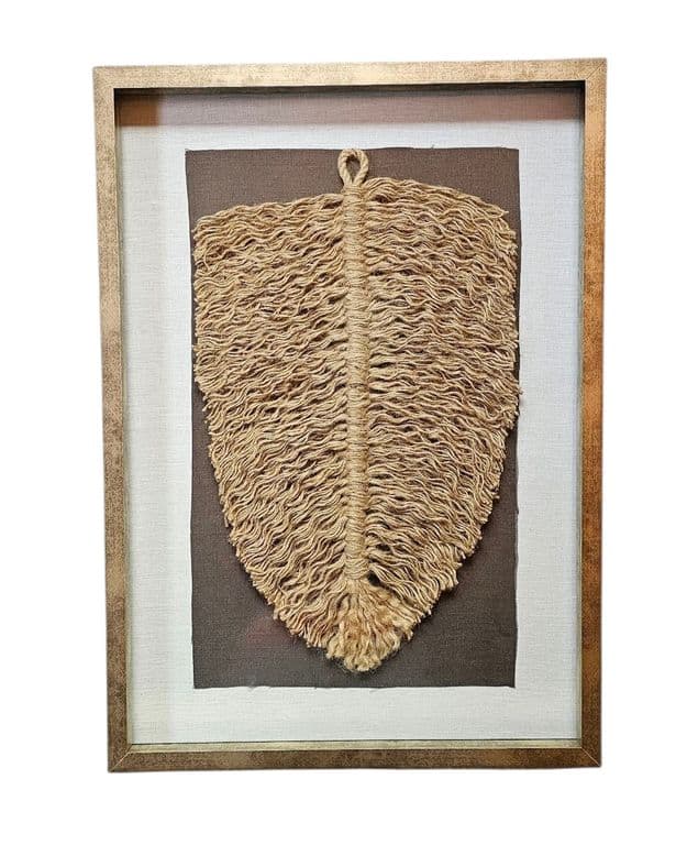 Cuadro Decorativo Hoja Yute Macrame Decoracion Marco Dorado Hecho a Mano 50x32 Vidrio
