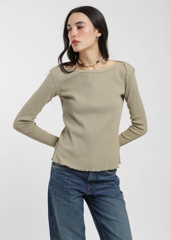 Polera Manga Larga Algodon Waffle Mujer Verde XS