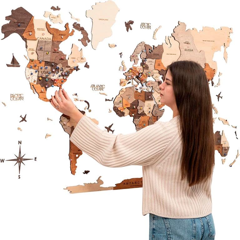 Mapa del Mundo de Madera 100x60 cm con Pines de Viaje Decoracion para pared 3D