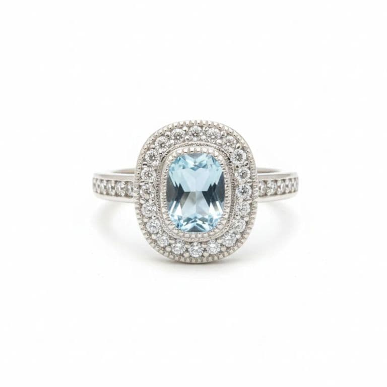 Anillo Art-Deco Vintage Halo Ovalado Agua Marina Plata 925 Celeste 15