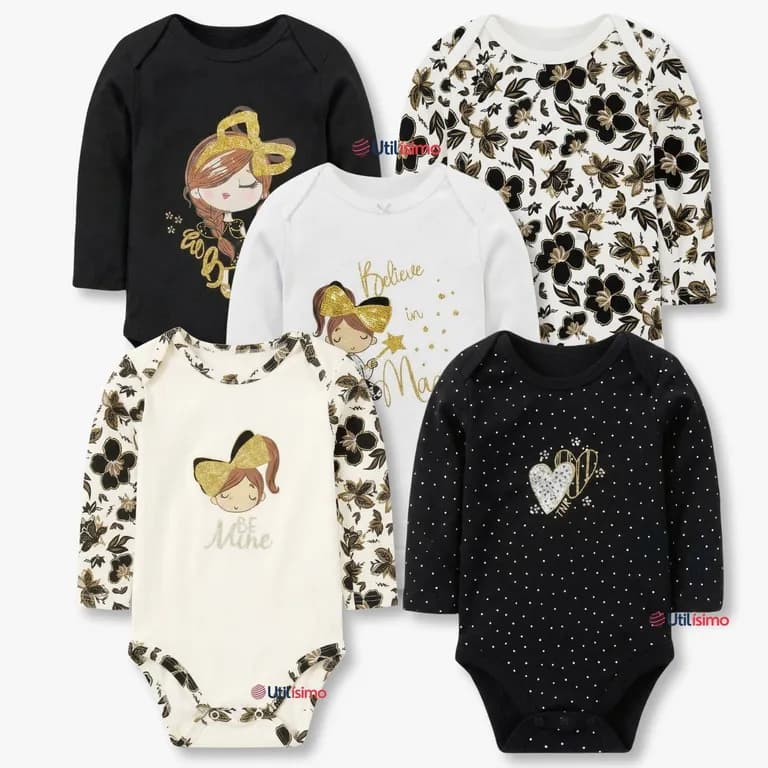 Pack 5 Bodys Manga Larga 100% Algodon Bebe Nina Golden Magic Multicolor 36 MESES