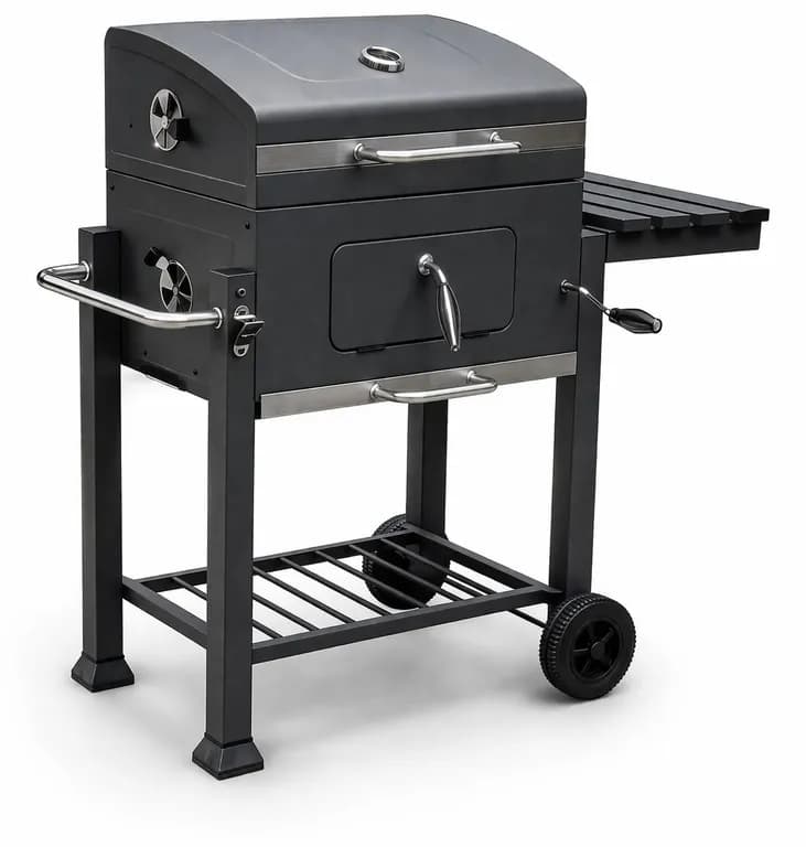 Parrilla a Carbon Premium con Tapa y Termometro Grande, Movil con Ruedas y Mesa Lateral