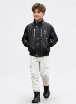 Chaqueta Ecocuero Nino Estilo Aviador Biker Invierno Negra Negro 6