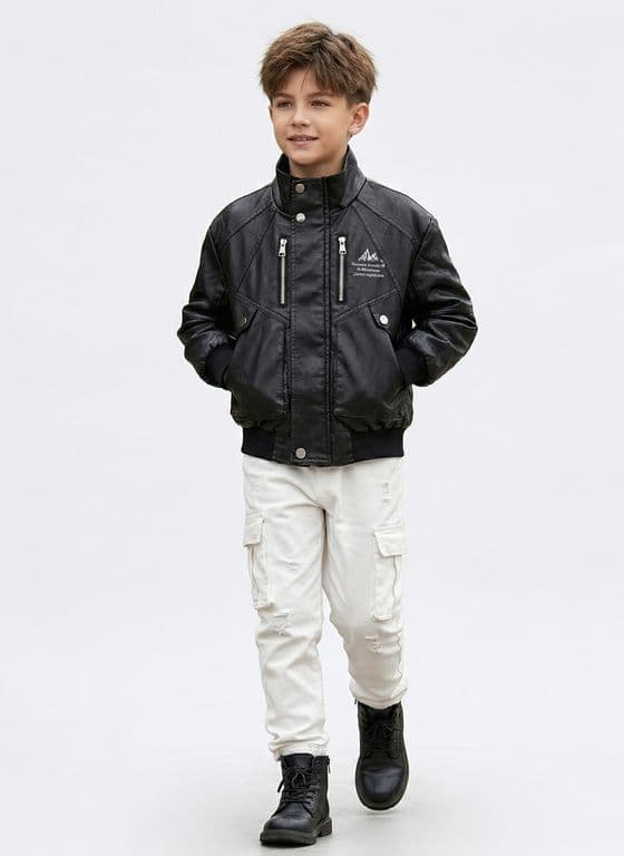 Chaqueta Ecocuero Nino Estilo Aviador Biker Invierno Negra Negro 4