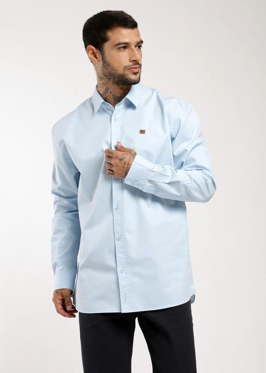 Camisa Manga Larga Algodon Hombre Celeste M